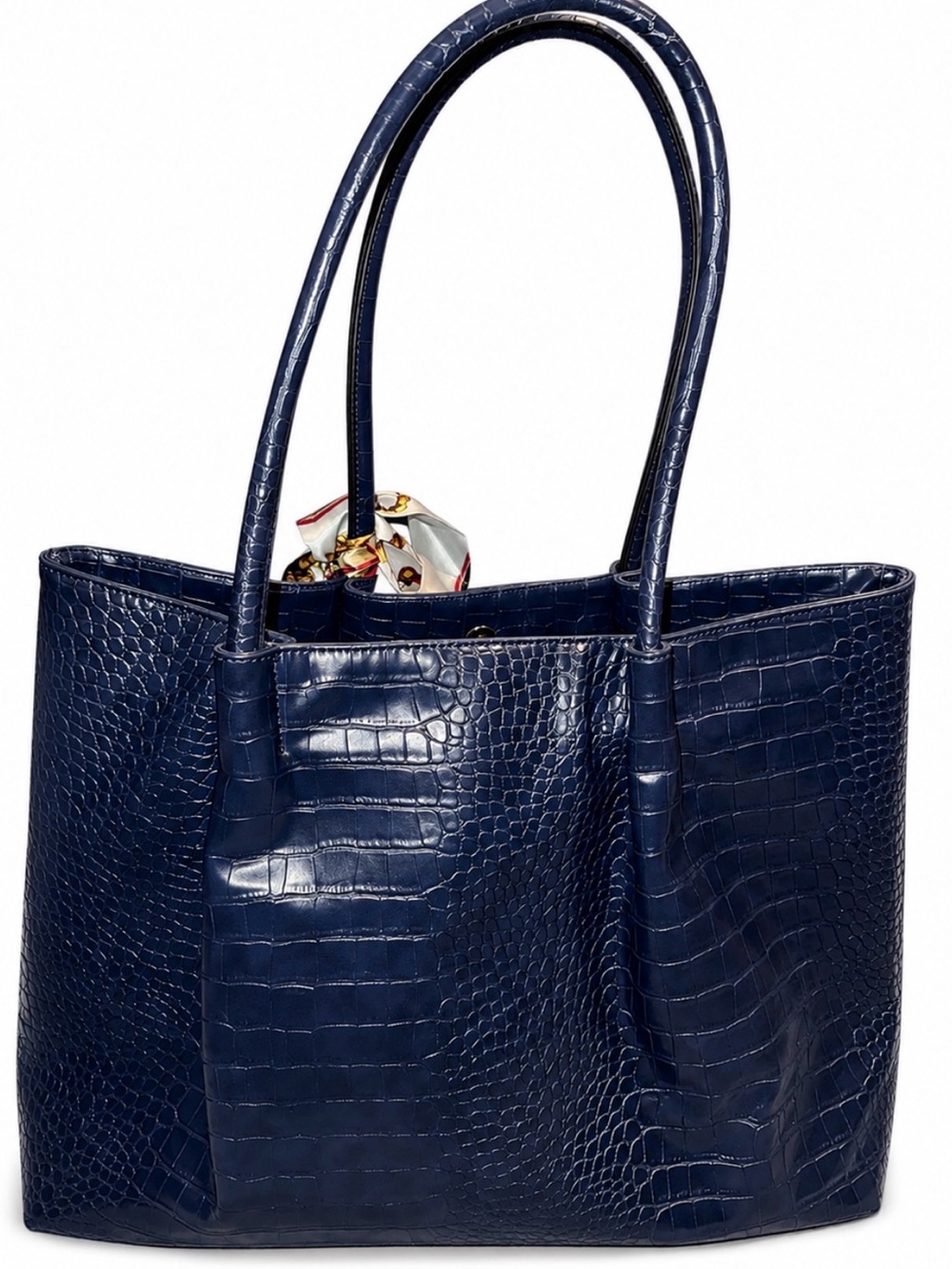 Structured Croc-Embossed Navy Tote with Scarf Accent - Picture 3 of 9